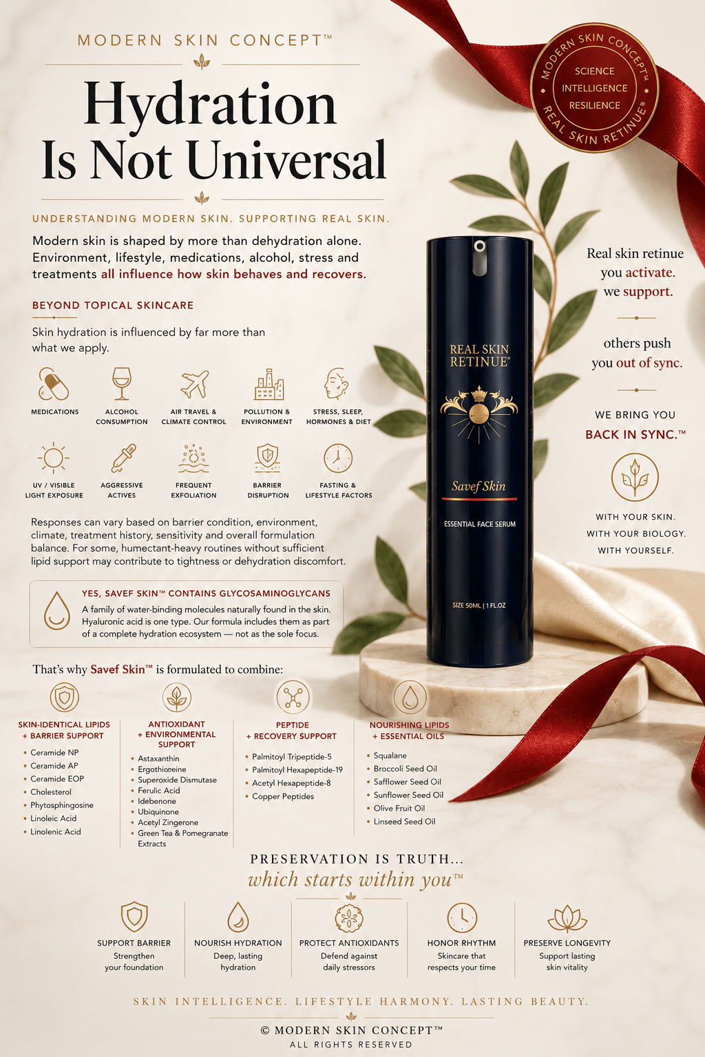 Barrier-first skincare concept — Real Skin Retinue Savef Skin formula with ceramides, peptides, and antioxidants