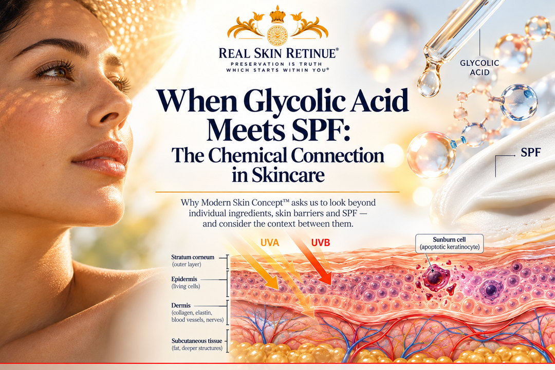 The Chemical Connection infographic showing glycolic acid exfoliation, skin barrier, sunscreen and lifestyle context.