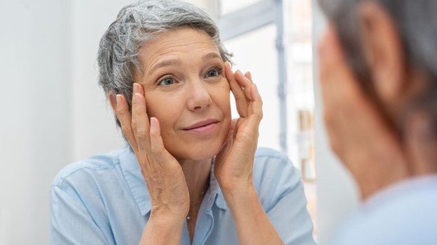 Diagram showing structural skin changes with aging including collagen loss, fat pad depletion, and bone resorption