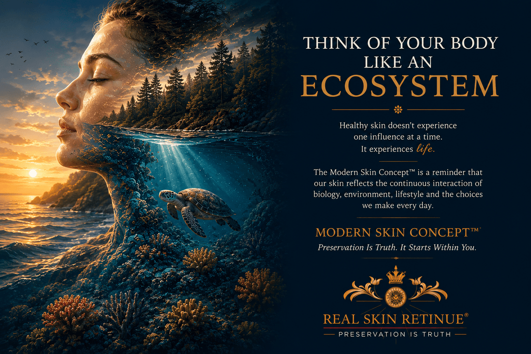 Ecosystem illustration representing the Modern Skin Concept™ — skin as a living system shaped by biology, environment and lifestyle